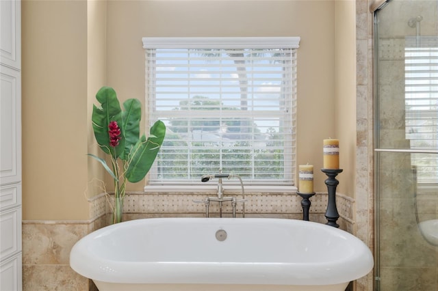 full bath featuring a wainscoted wall, a freestanding bath, and a shower stall
