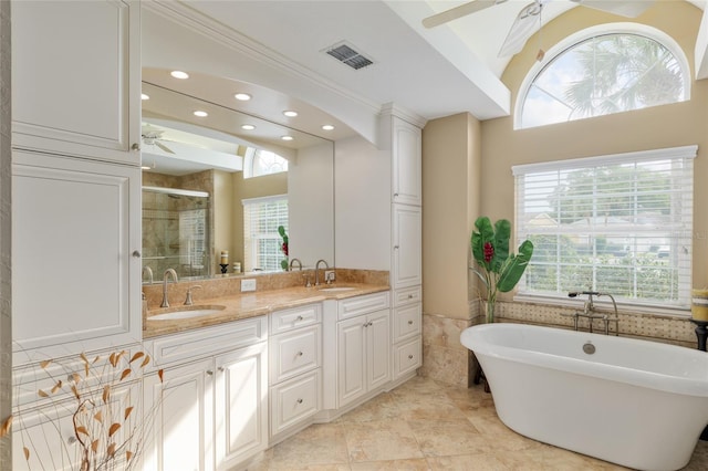 bathroom featuring visible vents, a ceiling fan, a shower stall, and a sink