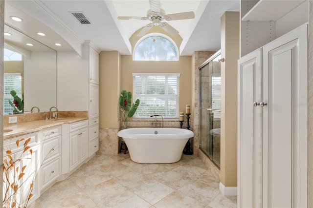 full bath with recessed lighting, vanity, a stall shower, visible vents, and a freestanding bath