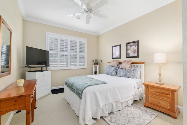bedroom with baseboards, crown molding, and light colored carpet