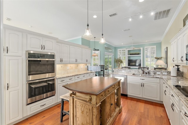 kitchen with visible vents, appliances with stainless steel finishes, crown molding, and a sink