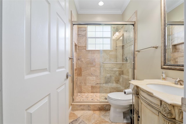 full bathroom with vanity, toilet, ornamental molding, and a stall shower