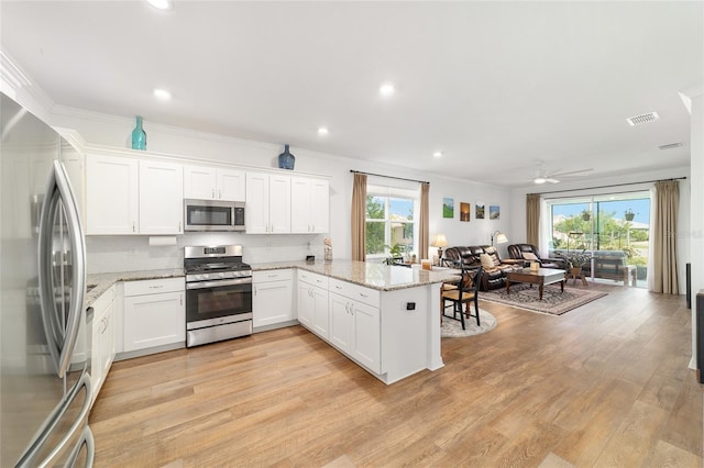 kitchen with appliances with stainless steel finishes, open floor plan, a peninsula, plenty of natural light, and recessed lighting