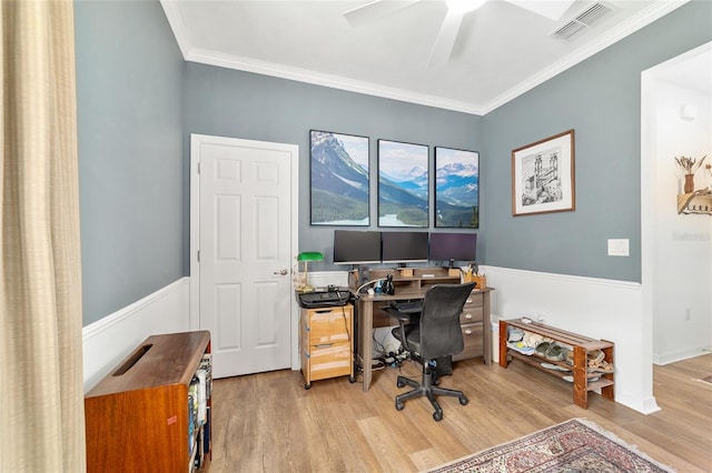 office area with wood finished floors, ceiling fan, and ornamental molding