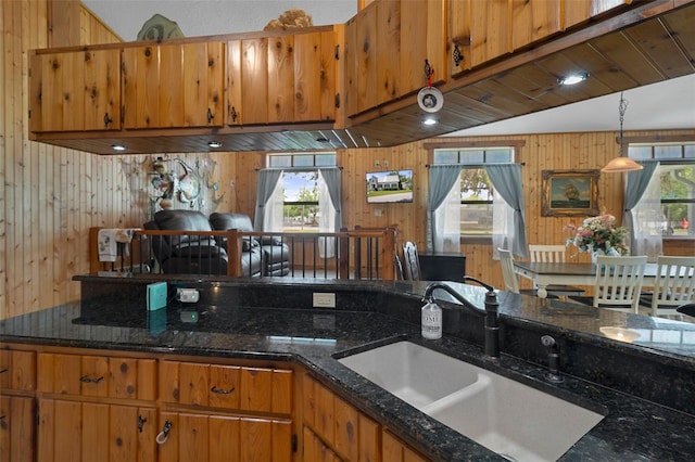 kitchen featuring wood walls, brown cabinetry, and a sink