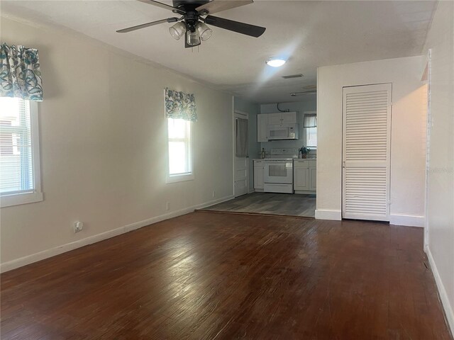 621 NE 20th St, Ocala, FL 34470 - unfurnished living room with dark wood-type flooring, plenty of natural light, ceiling fan, and baseboards
