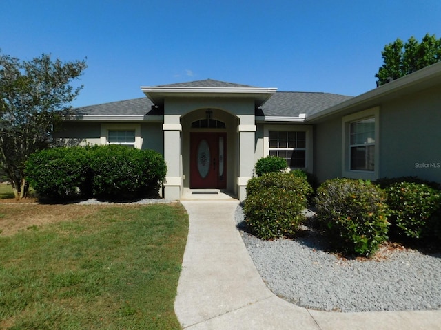 entrance to property featuring a lawn, a shingled roof, and stucco siding
