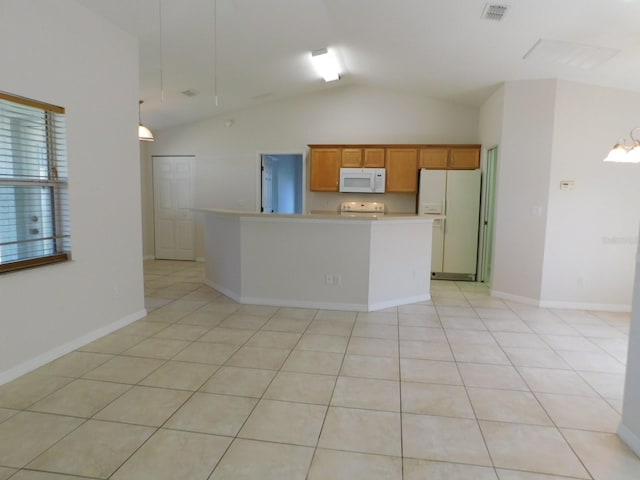 kitchen featuring white appliances, light countertops, brown cabinets, visible vents, and lofted ceiling