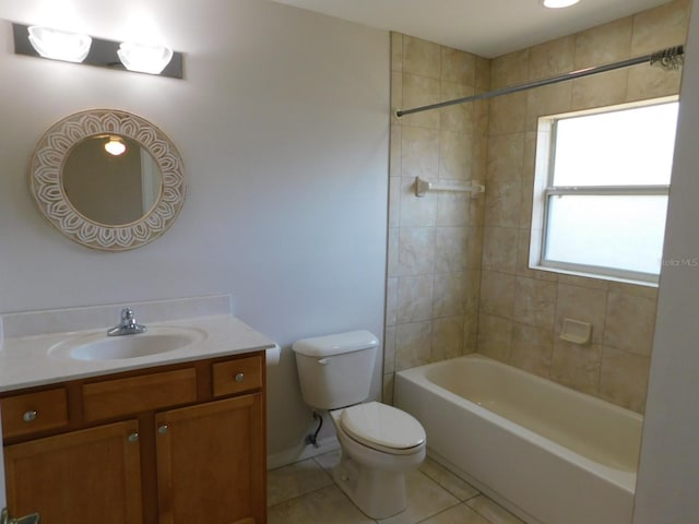 full bath with shower / bathtub combination, toilet, tile patterned flooring, and vanity