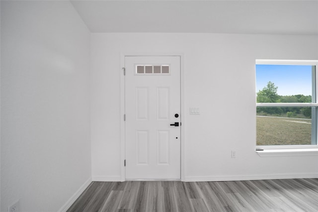 entryway featuring wood finished floors and baseboards