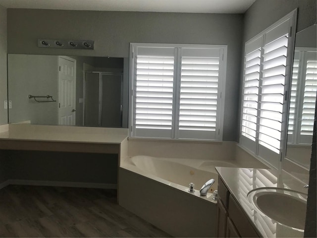 11411 SW 138th Ln, Dunnellon, FL 34432 - full bath featuring a shower stall, wood finished floors, a bath, and vanity
