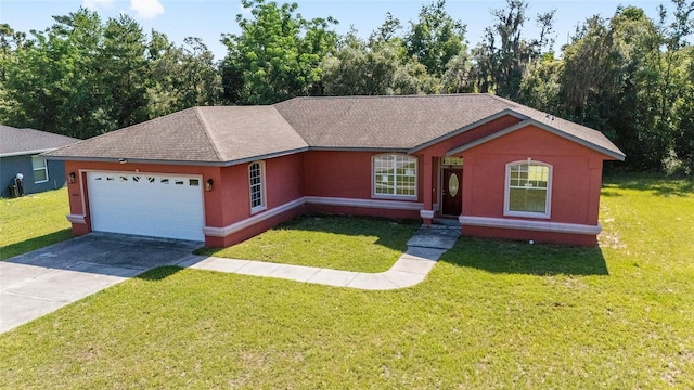 15087 SW 43rd Ct, Ocala, FL 34473 - ranch-style home with an attached garage, a front lawn, driveway, and a shingled roof
