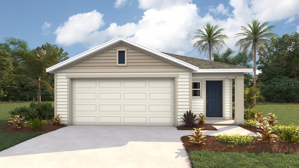 view of front of house with a garage, an outbuilding, concrete driveway, and roof with shingles