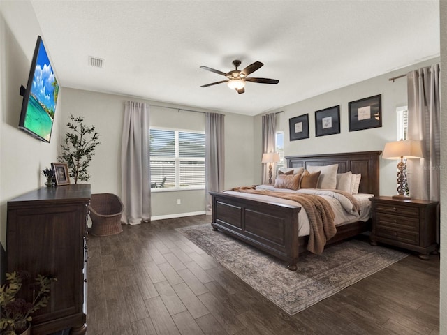 4806 NW 8th Ter, Ocala, FL 34475 - bedroom featuring a ceiling fan, baseboards, visible vents, and dark wood-style floors