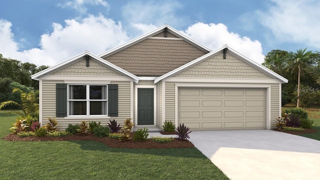 view of front of property featuring a front lawn, driveway, and a garage