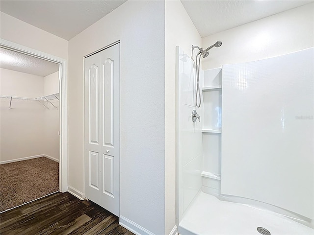 19 Roxland Ln, Palm Coast, FL 32164 - full bathroom featuring baseboards, a shower stall, wood finished floors, and a spacious closet