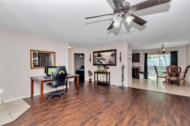 72 Dogwood Loop, Ocala, FL 34472 - office space featuring a ceiling fan, wood finished floors, baseboards, a chandelier, and a textured ceiling
