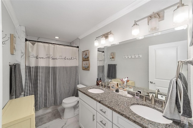 bathroom with ornamental molding, a sink, marble finish floor, and toilet