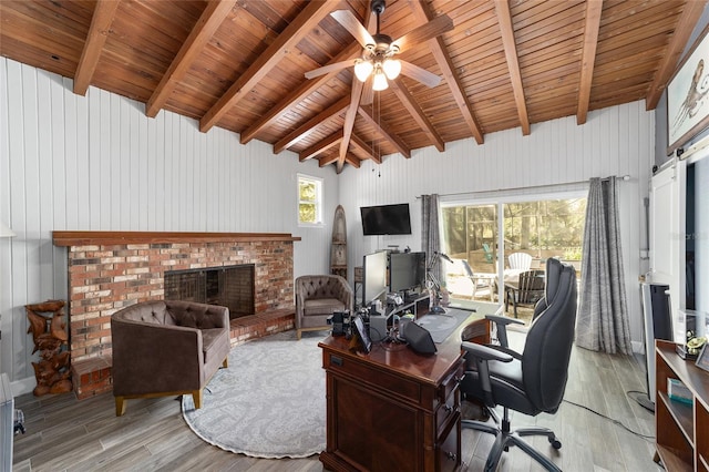 home office featuring wood finished floors, a fireplace, ceiling fan, wooden walls, and wood ceiling