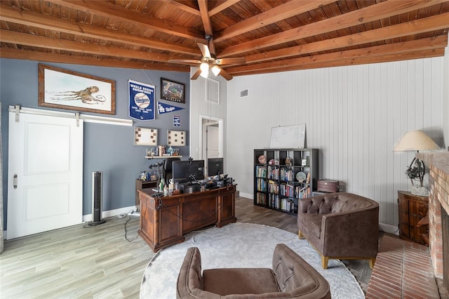office area featuring baseboards, ceiling fan, wooden ceiling, and light wood-style flooring