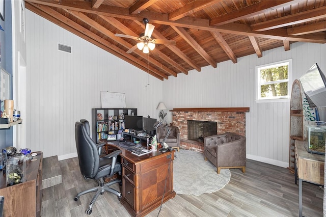 office featuring vaulted ceiling with beams, visible vents, and wood ceiling