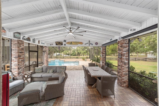 view of patio / terrace featuring ceiling fan, an outdoor pool, and outdoor lounge area