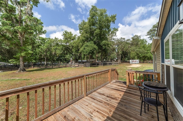 deck with a lawn and a fenced backyard