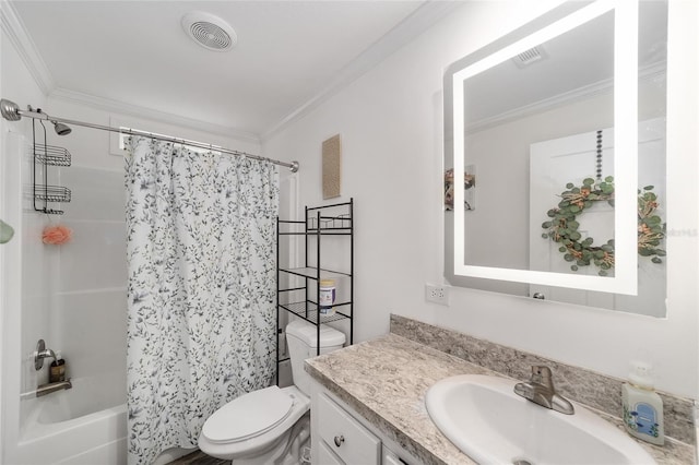 bathroom with crown molding, visible vents, toilet, and vanity
