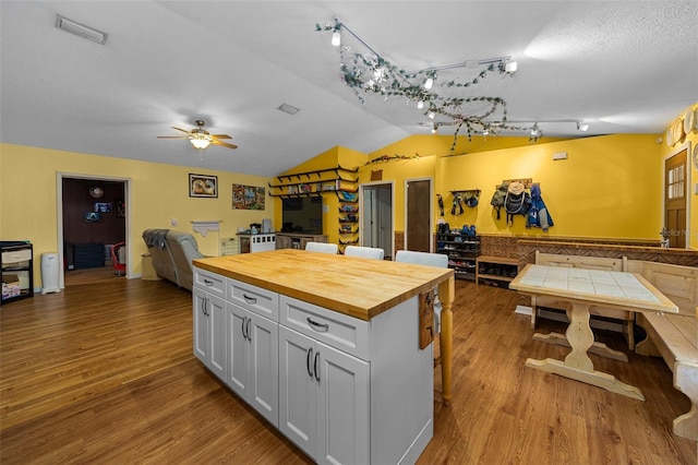 408 Etheredge St, Bushnell, FL 33513 - kitchen with wood counters, open floor plan, vaulted ceiling, track lighting, and white cabinets