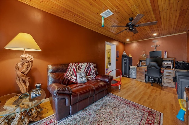 408 Etheredge St, Bushnell, FL 33513 - living room featuring a ceiling fan, wooden ceiling, wood finished floors, ornamental molding, and a desk