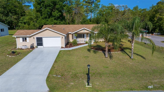 single story home with driveway, an attached garage, a porch, and a front yard