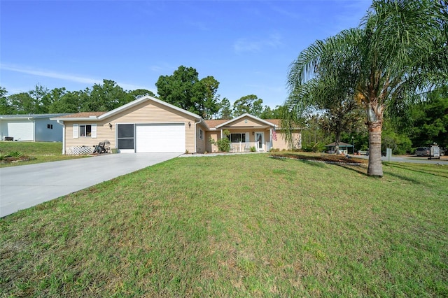 single story home with a garage, concrete driveway, and a front yard
