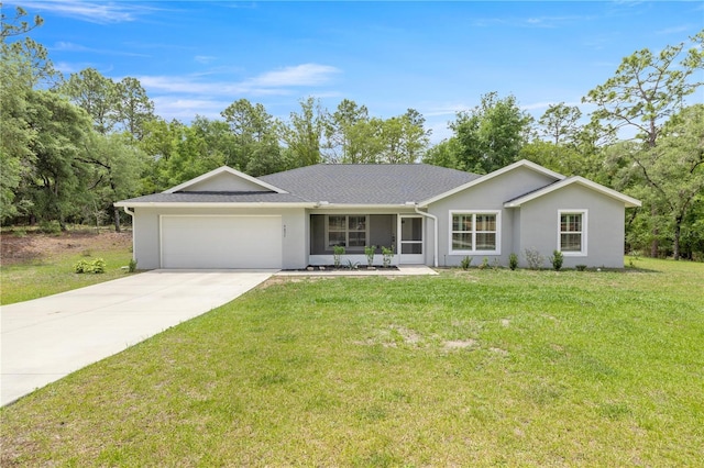 ranch-style home featuring a garage, a front lawn, stucco siding, and driveway