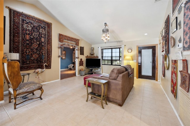 living area featuring vaulted ceiling, a chandelier, light tile patterned floors, baseboards, and recessed lighting
