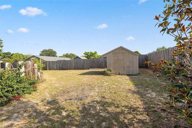 view of yard featuring a storage shed and an outdoor structure