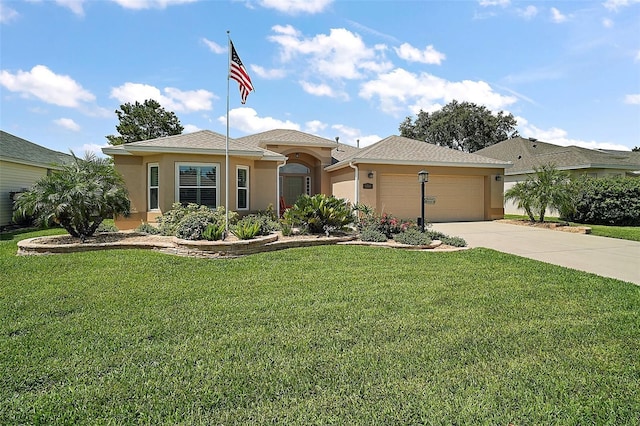 8545 SE 168th Kittredge Loop, The Villages, FL 32162 - ranch-style home with stucco siding, driveway, a garage, a front lawn, and roof with shingles
