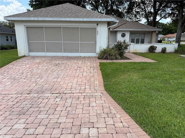11146 SW 68th Ct, Ocala, FL 34476 - single story home featuring a front yard, decorative driveway, roof with shingles, stucco siding, and an attached garage