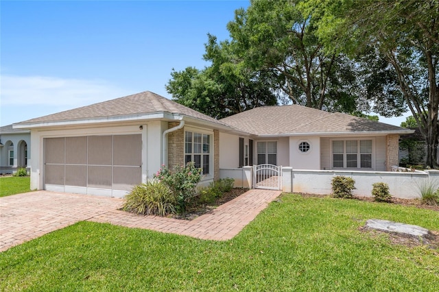 11146 SW 68th Ct, Ocala, FL 34476 - ranch-style house with an attached garage, a gate, a front yard, and stucco siding