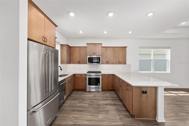 10347 SW 99th Ln, Ocala, FL 34481 - kitchen with appliances with stainless steel finishes, a peninsula, a sink, dark wood-style flooring, and recessed lighting