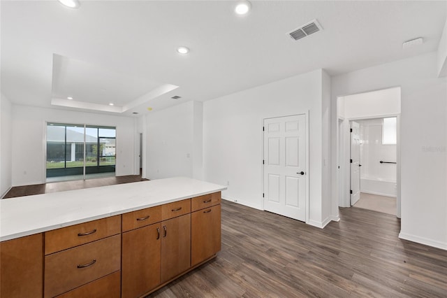 10347 SW 99th Ln, Ocala, FL 34481 - kitchen with light countertops, dark wood-style floors, recessed lighting, brown cabinets, and baseboards