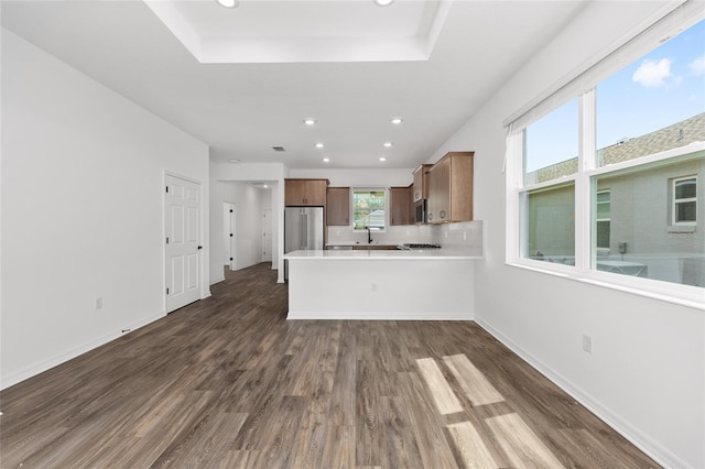 10347 SW 99th Ln, Ocala, FL 34481 - unfurnished living room with dark wood-style flooring, recessed lighting, a tray ceiling, and baseboards