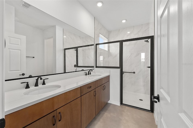 10347 SW 99th Ln, Ocala, FL 34481 - full bathroom with a shower stall, double vanity, and tile patterned floors