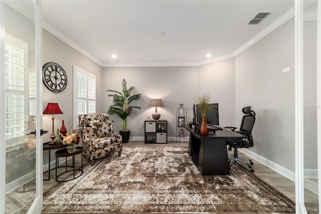 10082 SW 82nd Place Rd, Ocala, FL 34481 - office with wood finished floors, crown molding, baseboards, and recessed lighting