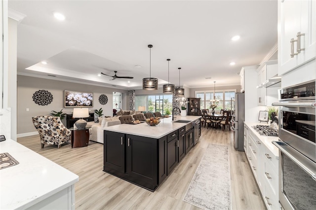 10082 SW 82nd Place Rd, Ocala, FL 34481 - kitchen featuring appliances with stainless steel finishes, dark cabinetry, open floor plan, ornamental molding, and a tray ceiling