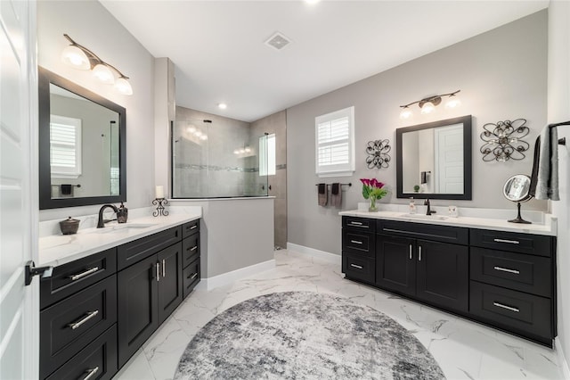 10082 SW 82nd Place Rd, Ocala, FL 34481 - bathroom featuring walk in shower, marble finish floors, two vanities, baseboards, and recessed lighting
