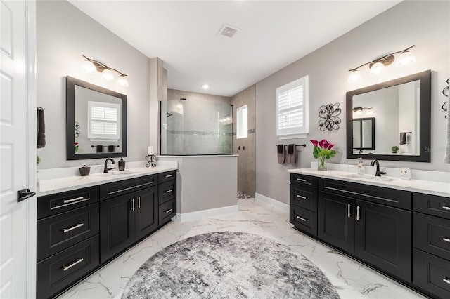 10082 SW 82nd Place Rd, Ocala, FL 34481 - full bathroom with marble finish floors, two vanities, walk in shower, and baseboards