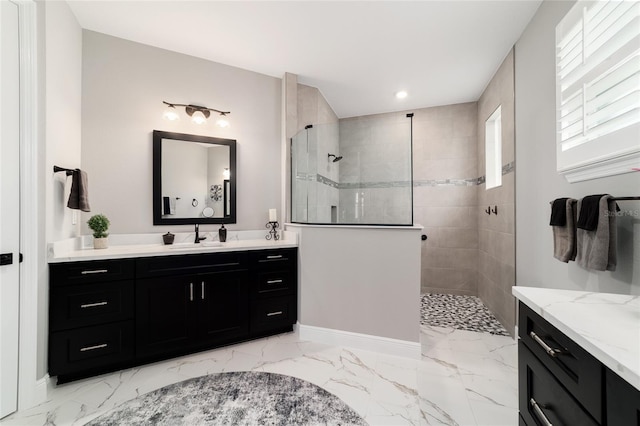 10082 SW 82nd Place Rd, Ocala, FL 34481 - full bathroom featuring vanity, walk in shower, marble finish flooring, and recessed lighting