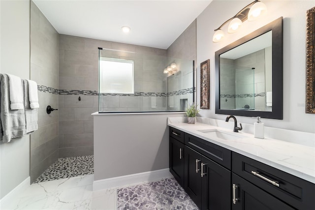 10082 SW 82nd Place Rd, Ocala, FL 34481 - full bath with vanity, walk in shower, baseboards, and marble finish floors