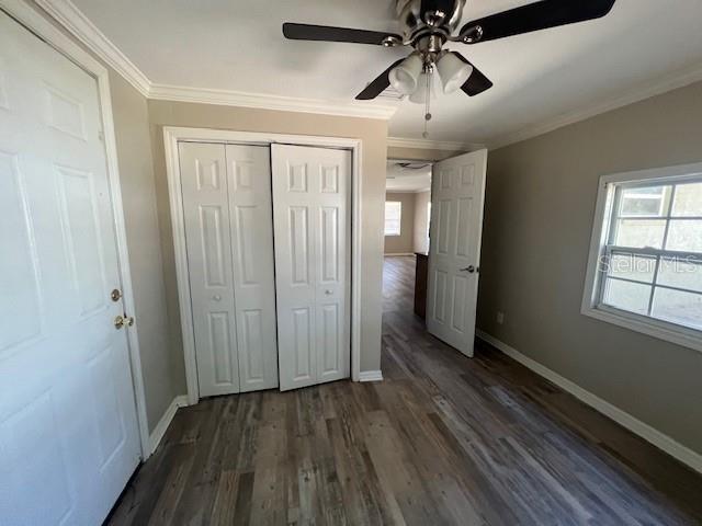 unfurnished bedroom with crown molding, baseboards, multiple windows, and dark wood-type flooring