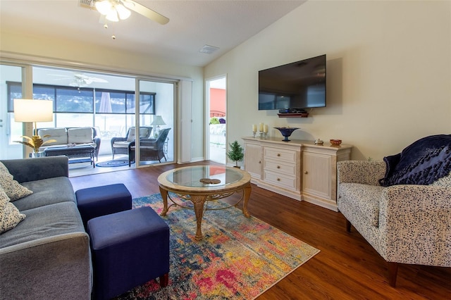 15691 SW 11th Court Rd, Ocala, FL 34473 - living room featuring wood finished floors, ceiling fan, lofted ceiling, and visible vents